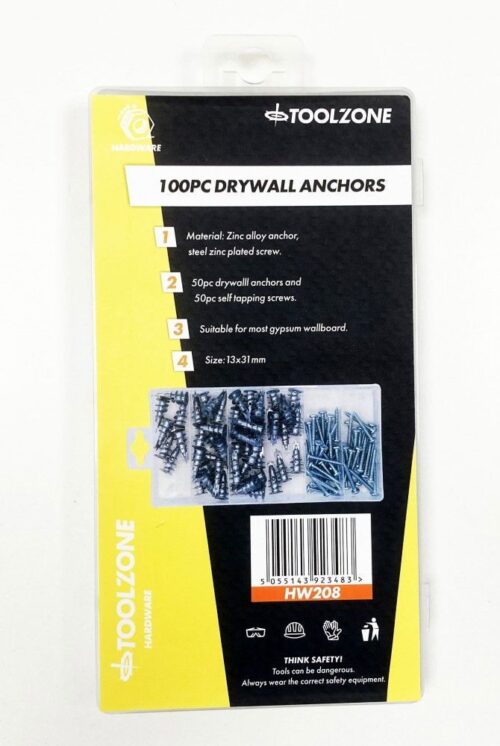 DRYWALL ANCHOR ASSORTMENT 100pc 13x31mm IN STORAGE BOX – TOOLZONE KDPHW208