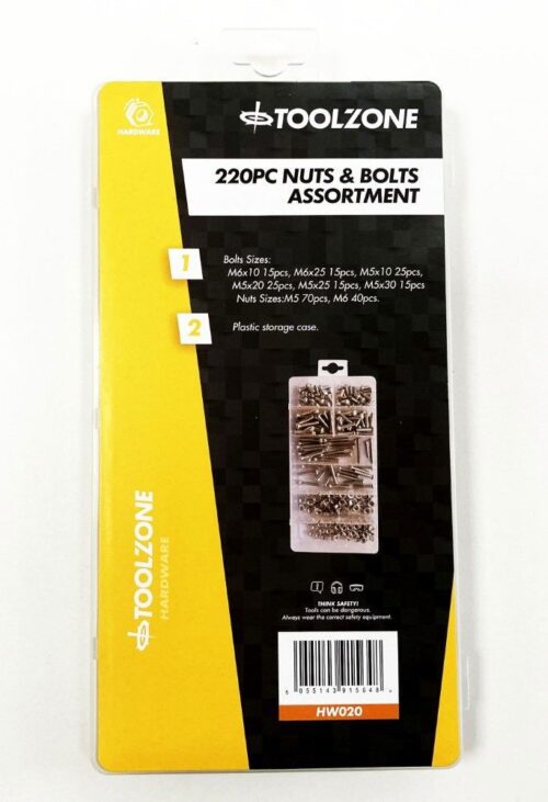 NUTS AND BOLTS ASSORTMENT 220pc M5-M6 VARIOUS LENGTHS – TOOLZONE KDPHW020