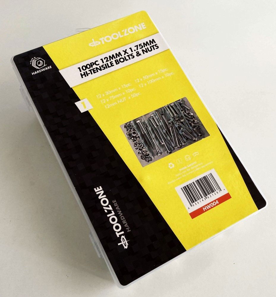 BOLTS AND NUTS ASSORTMENT 100pc 12mm M12 1.75mm PITCH - TOOLZONE KDPHW004 - Image 3