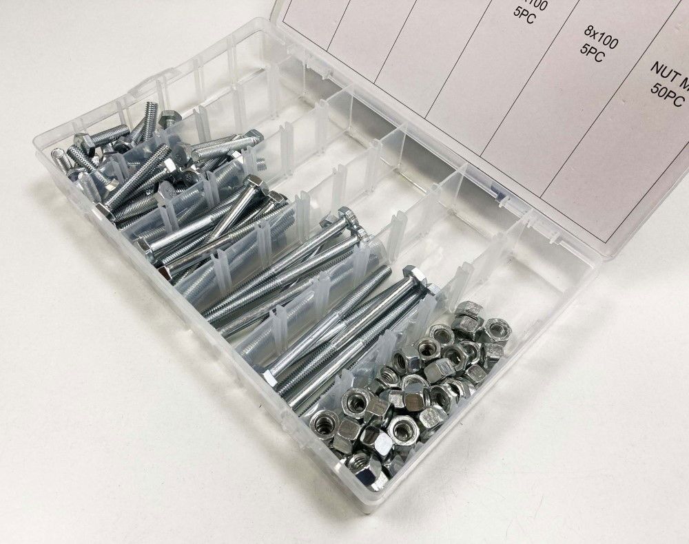 BOLTS AND NUTS ASSORTMENT 100pc 8mm M8 1.25mm PITCH - TOOLZONE KDPHW003