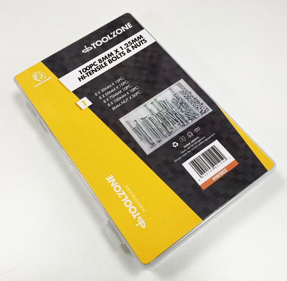 BOLTS AND NUTS ASSORTMENT 100pc 8mm M8 1.25mm PITCH - TOOLZONE KDPHW003 - Image 3