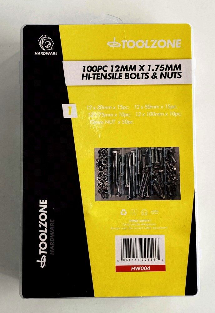 BOLTS AND NUTS ASSORTMENT 100pc 12mm M12 1.75mm PITCH - TOOLZONE KDPHW004 - Image 5