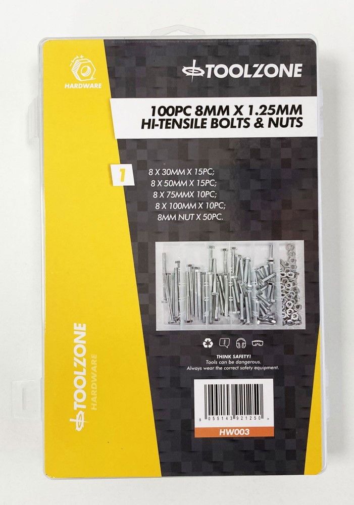 BOLTS AND NUTS ASSORTMENT 100pc 8mm M8 1.25mm PITCH - TOOLZONE KDPHW003 - Image 5