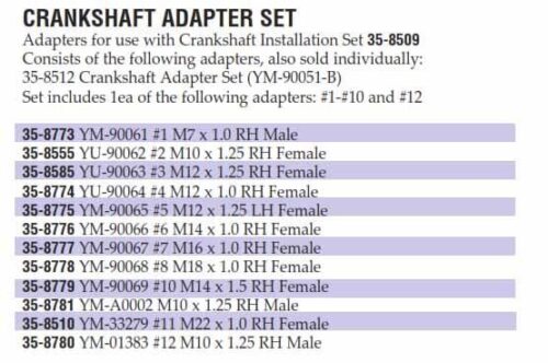 CRANKSHAFT ADAPTER YM-90065, 35-8775 M12 x 1.25 LH FEMALE, TOOLS
