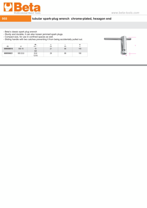 Tubular Spark-Plug Wrench Chrome-Plated Hexagon End 16mm – Beta Tools 955 16