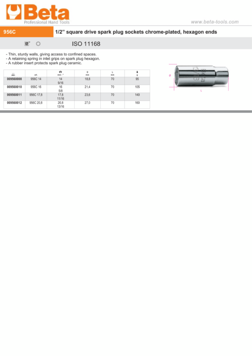 1/2″ Square Drive Spark Plug Socket Chrome-Plated Hexagon End 17.8mm – Beta Tools 956C 17,8
