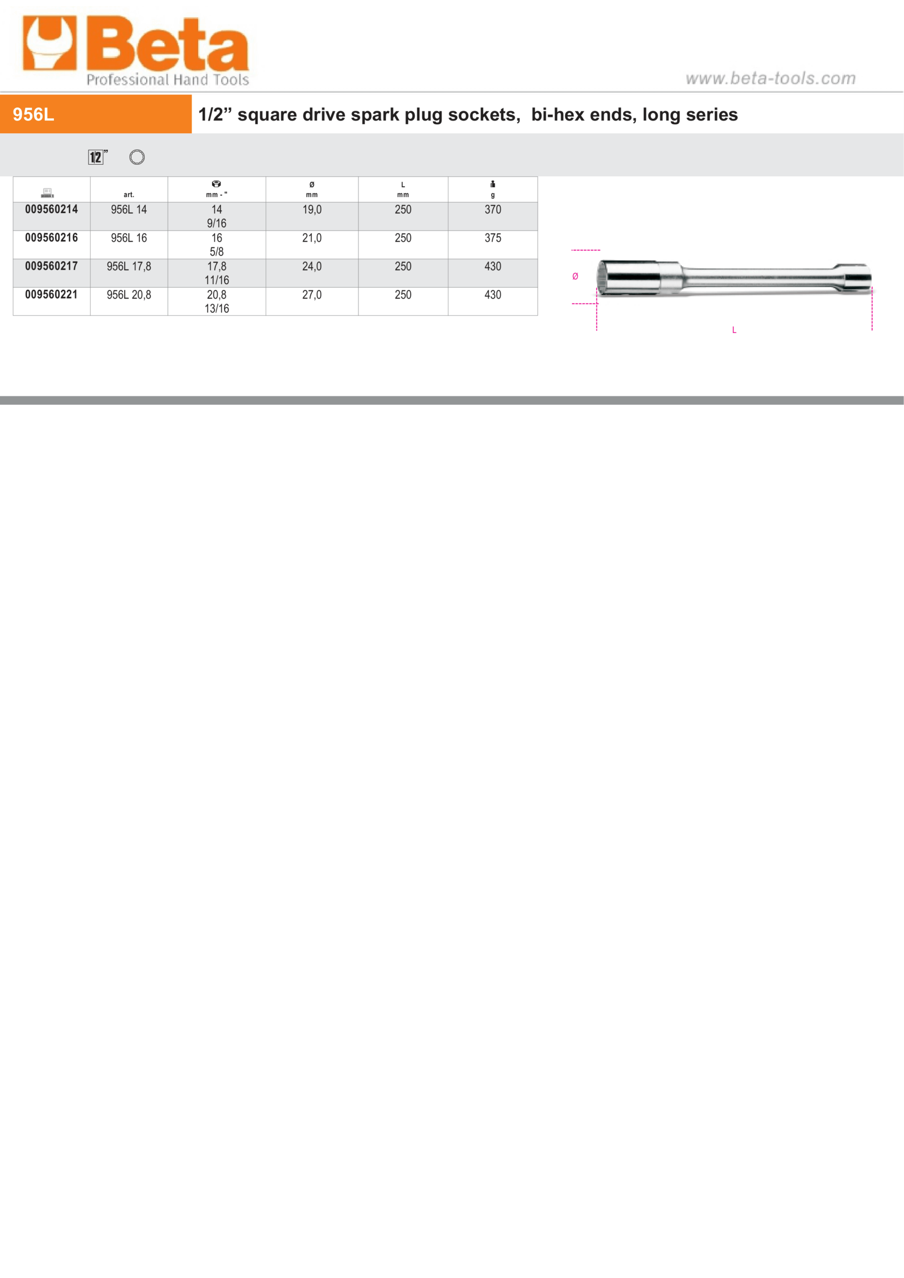 1/2" Square Drive Spark Plug Socket Bi-Hex Long Series 14mm - Beta Tools 956L 14