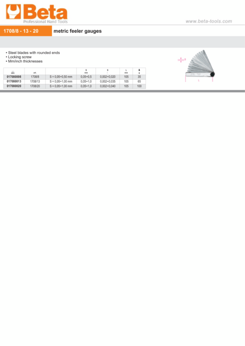 Metric Feeler Gauges with Steel Blades 0.05-0.5mm – Beta Tools 1708/8