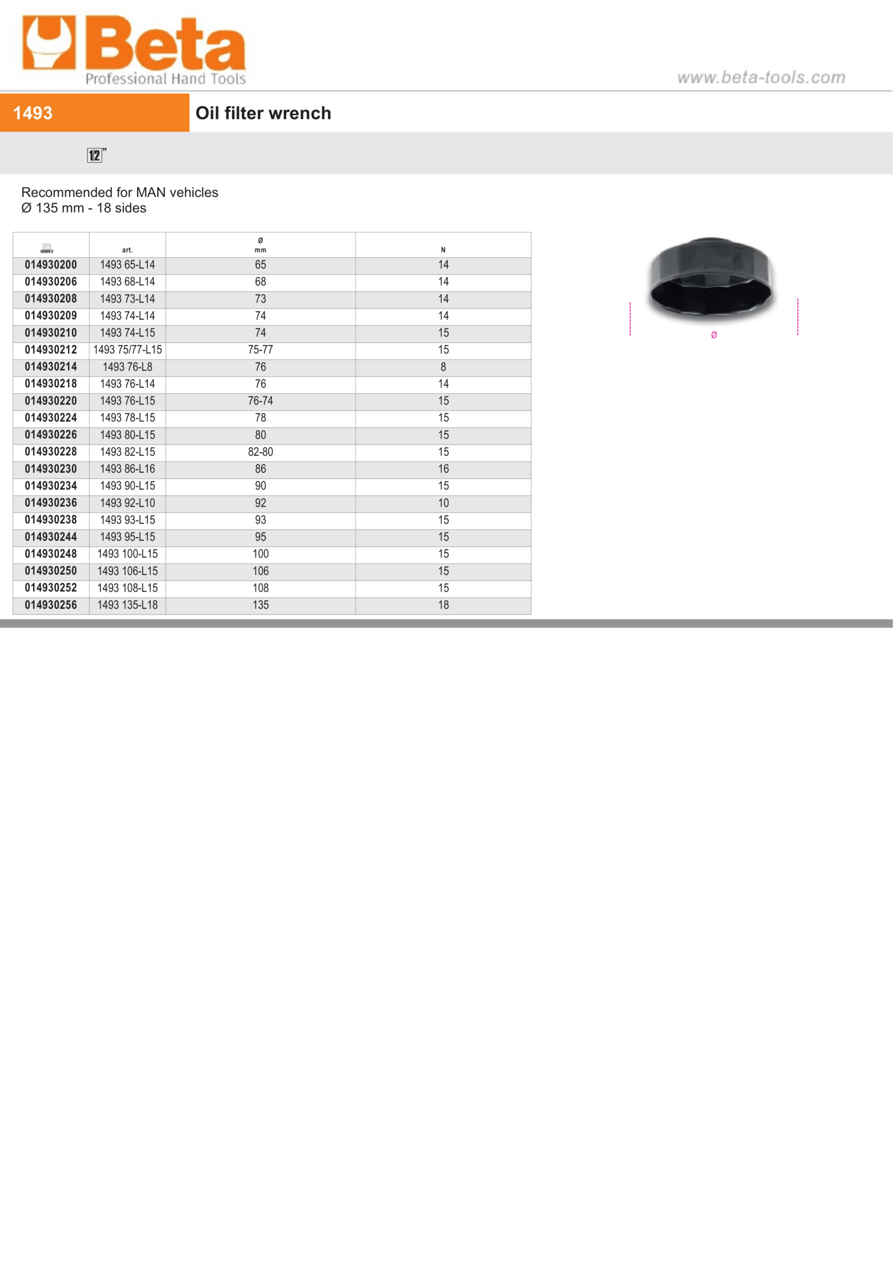 Oil Filter Wrench for MAN Vehicles 135mm 18-Sided - Beta Tools 1493 76-L15 - Image 2