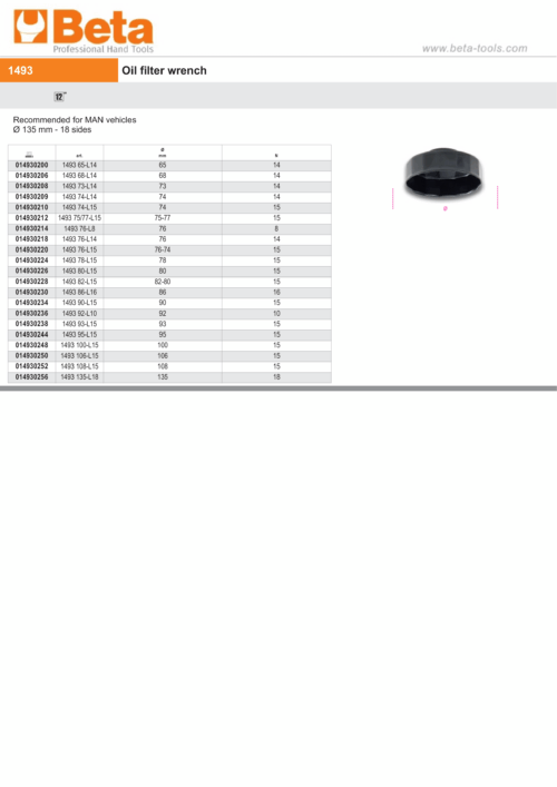 Oil Filter Wrench for MAN Vehicles 135mm 18-Sided – Beta Tools 1493 100-L15