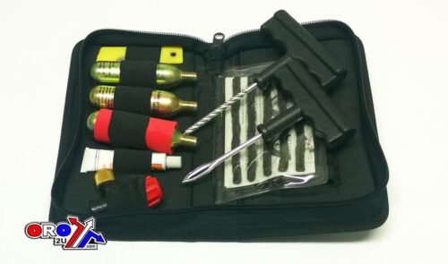 TUBELESS TYRE PUNCTURE REPAIR + INFLATOR KIT WITH 3 x 16g Co2 CARTRIDGES