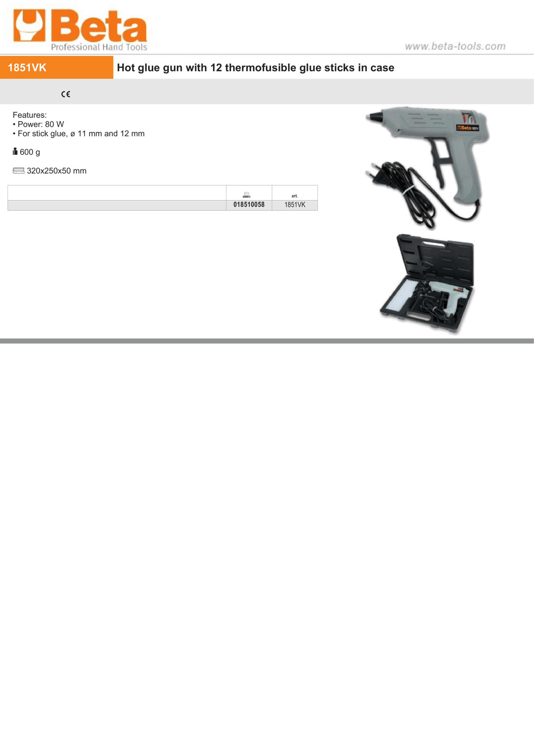 Hot Glue Gun with 12 Thermofusible Glue Sticks 11mm - 12mm - Beta Tools 1851VK - Image 2