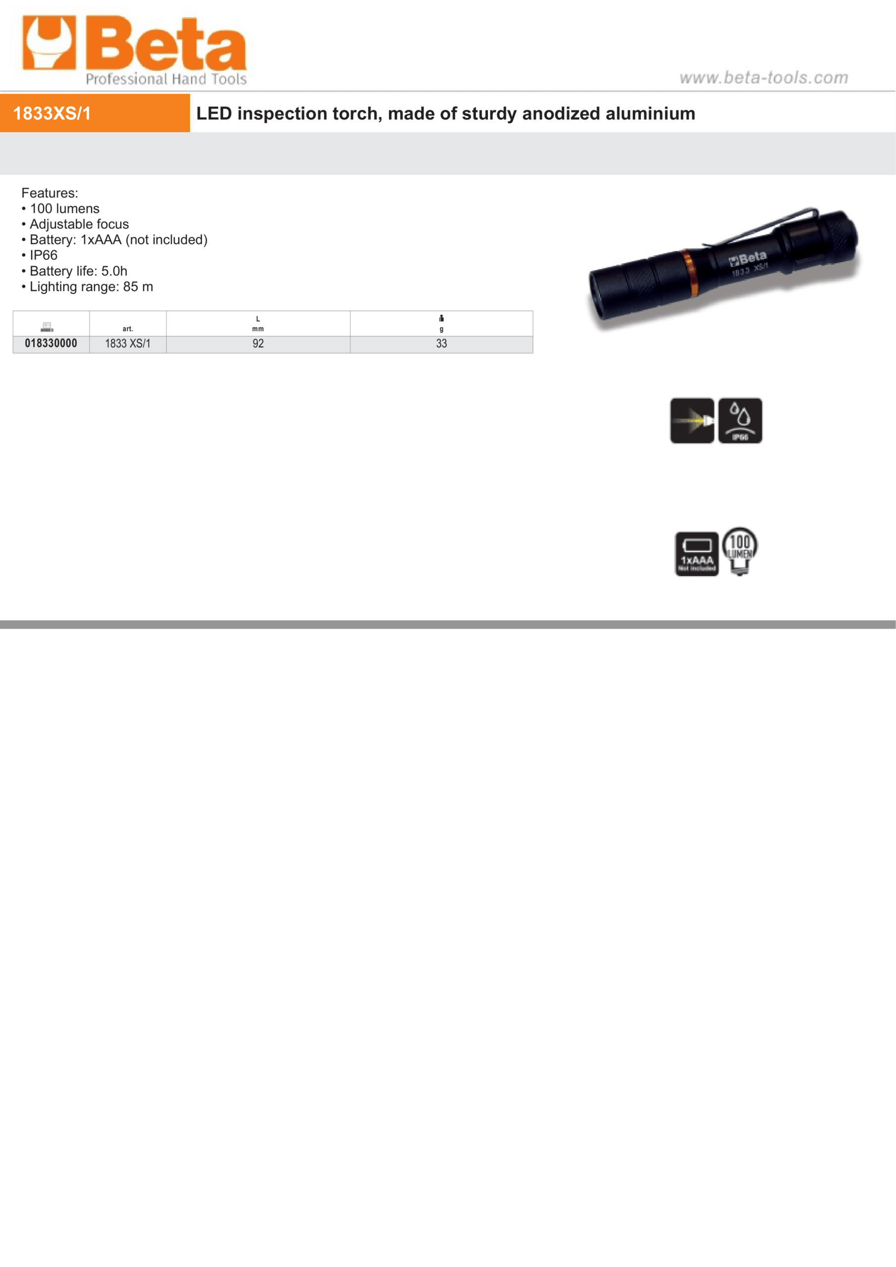 LED Inspection Torch Anodized Aluminum 100 Lumens 92mm - Beta Tools 1833 XS/1 - Image 2