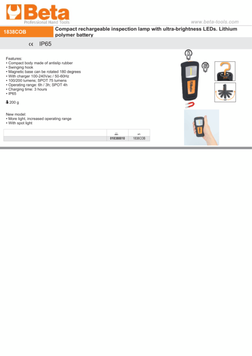 Compact Rechargeable Inspection Lamp Ultra-Bright LEDs 100-200 Lumens Spot 75 Lumens – Beta Tools 1838COB