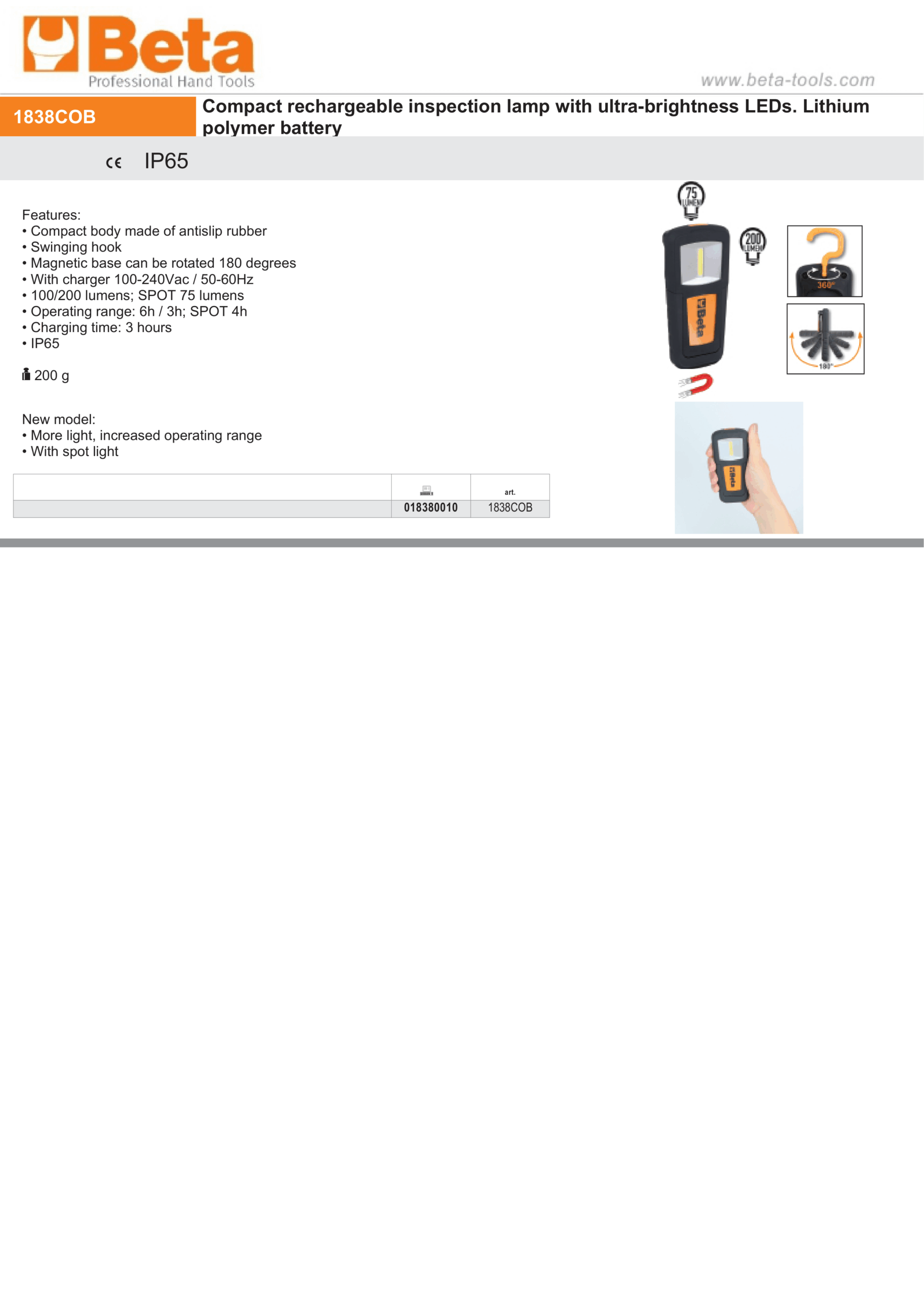 Compact Rechargeable Inspection Lamp Ultra-Bright LEDs 100-200 Lumens Spot 75 Lumens - Beta Tools 1838COB