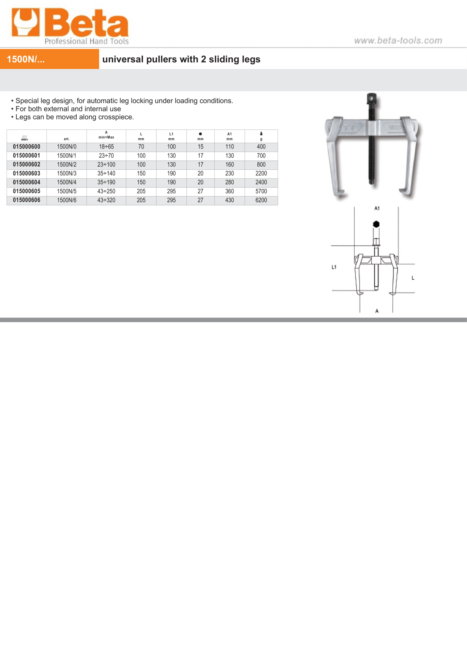 Universal Pullers with 2 Sliding Legs 18mm - 65mm - Beta Tools 1500N/0