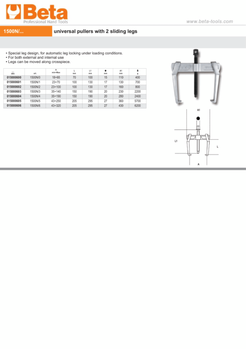 Universal Pullers with 2 Sliding Legs 23mm – 70mm – Beta Tools 1500N/1