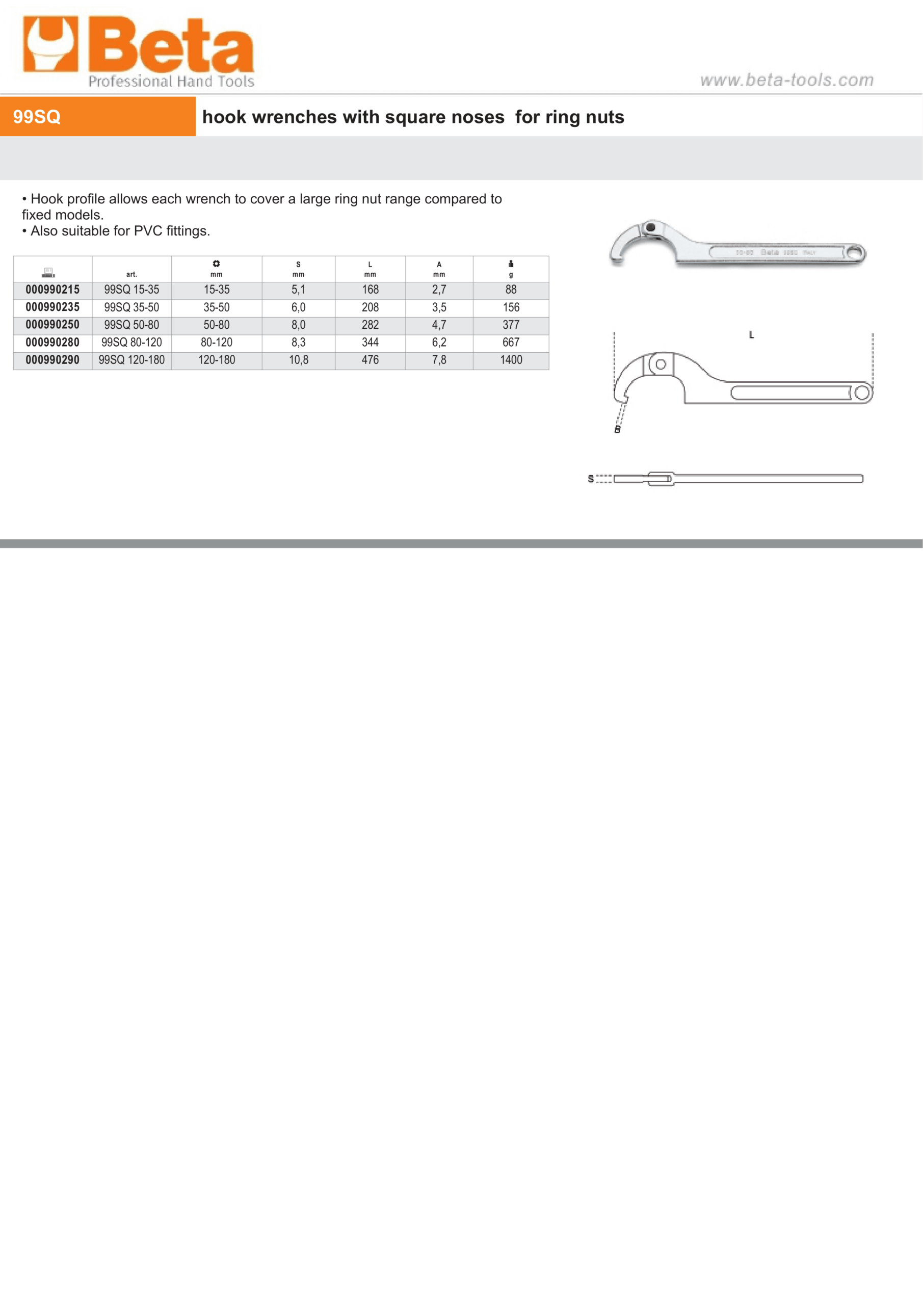 Hook Wrench with Square Noses for Ring Nuts 80mm-120mm - Beta Tools 99SQ 80-120 - Image 4