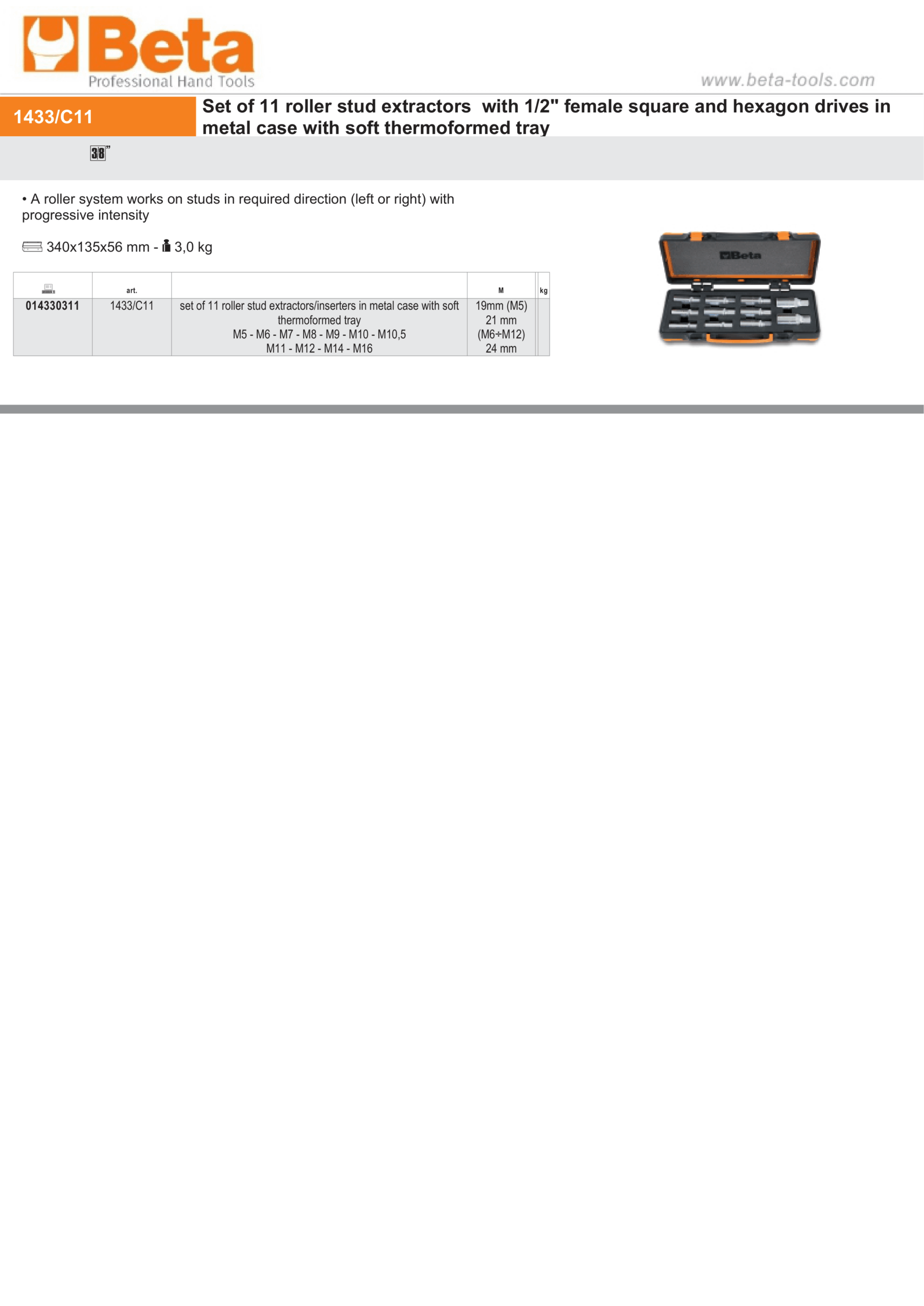 Set of 11 Roller Stud Extractors/Inserters M5 – M16 with Metal Case – Beta Tools 1433/C11
