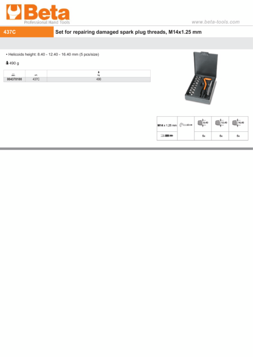 Set for Repairing Damaged Spark Plug Threads M14x1.25mm Helicoids Height 8.40 – 16.40mm – Beta Tools 437C