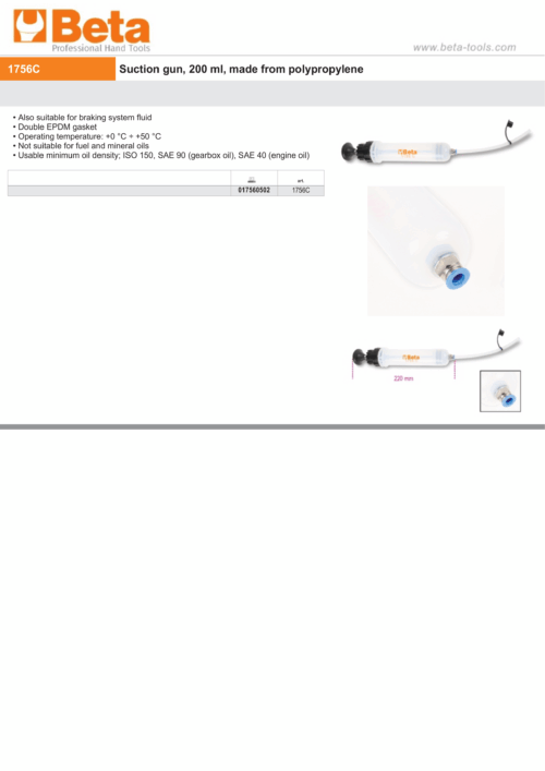 Suction Gun 200ml Polypropylene for Brake Fluid and High-Density Oils – Beta Tools 1756C