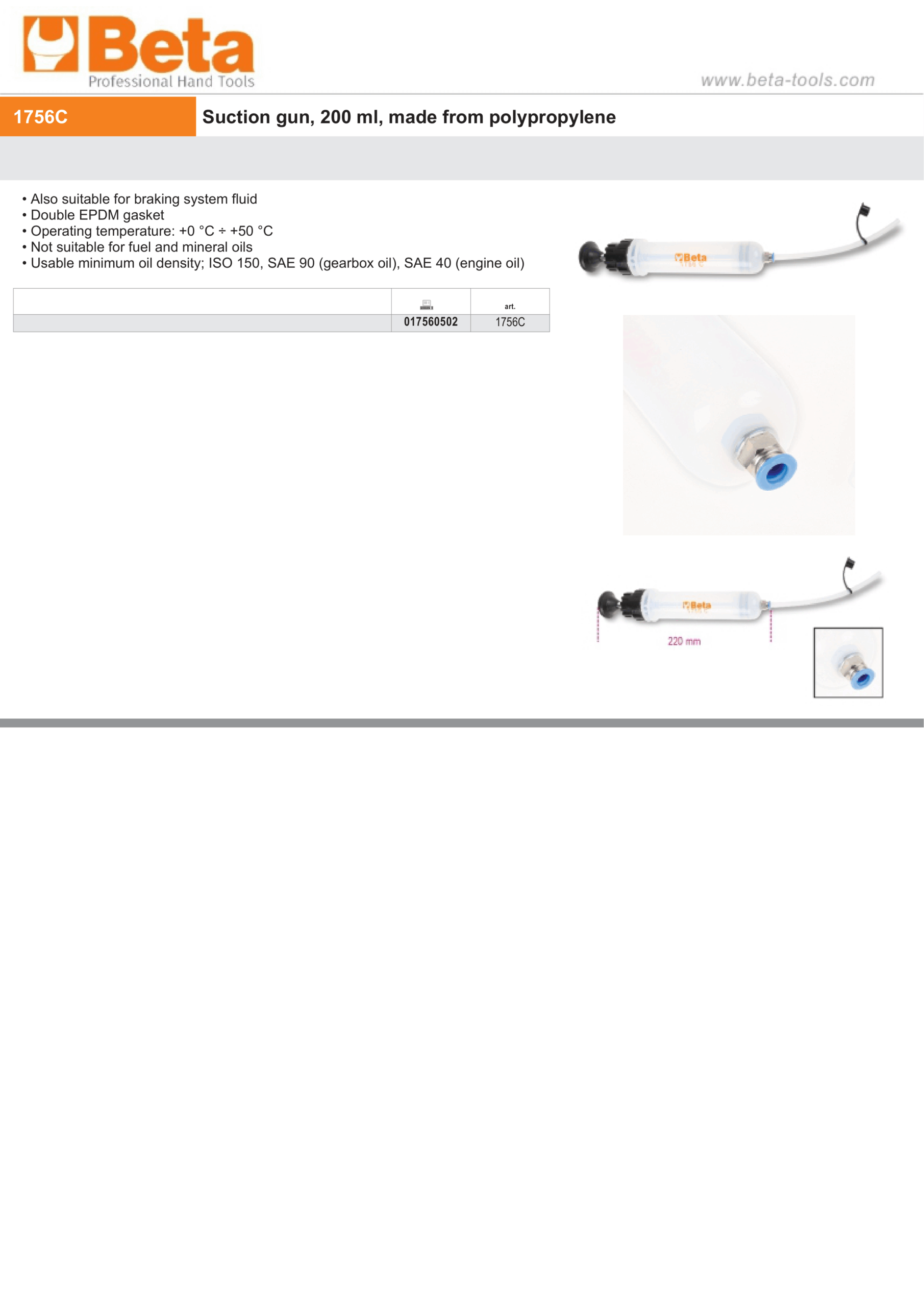 Suction Gun 200ml Polypropylene for Brake Fluid and High-Density Oils – Beta Tools 1756C