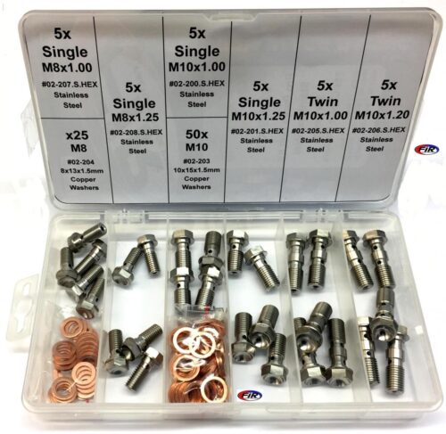 PRO BANJO BOLT KIT M8 & M10, STAINLESS STEEL BANJO BOLTS, 30 BOLTS & 75 COPPER WASHERS