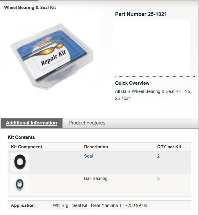 WHEEL BEARING KIT REAR 99-06 YAMAHA TTR250, ALLBALLS 25-1021 ROAD/DIRT - Image 3
