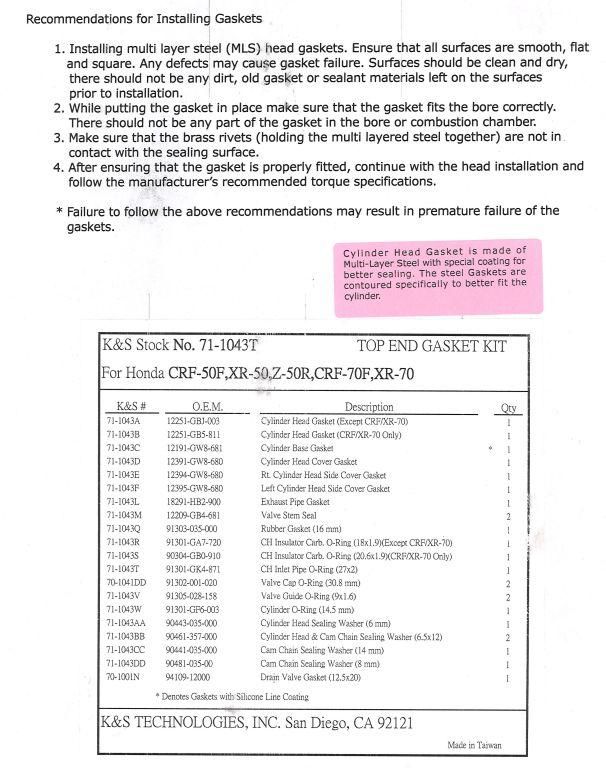 GASKET TOP SET CRF50, XR50, 70, K&S 71-1043T HONDA XR70 - Image 2