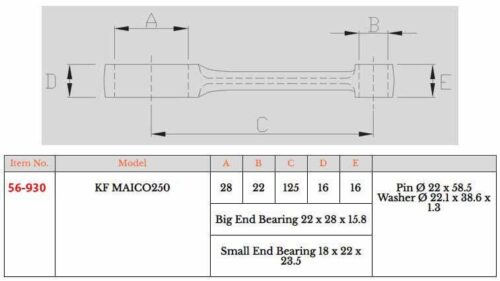 CONNECTING ROD KIT MAICO 250, RO-8208 125-18-22-16-16-58.5mm, NAMURA RX-12001, MX-09066