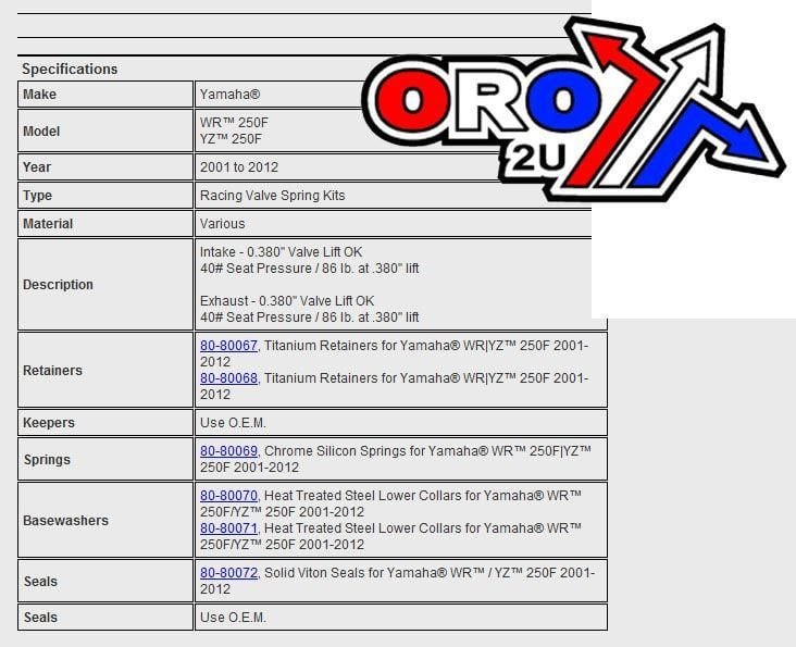 SPRING, RETAINERS, SHIMS KIT, KIBBLEWHITE 80-80066 RACING, WRF250 01-12, YZF250 01-12 - Image 2