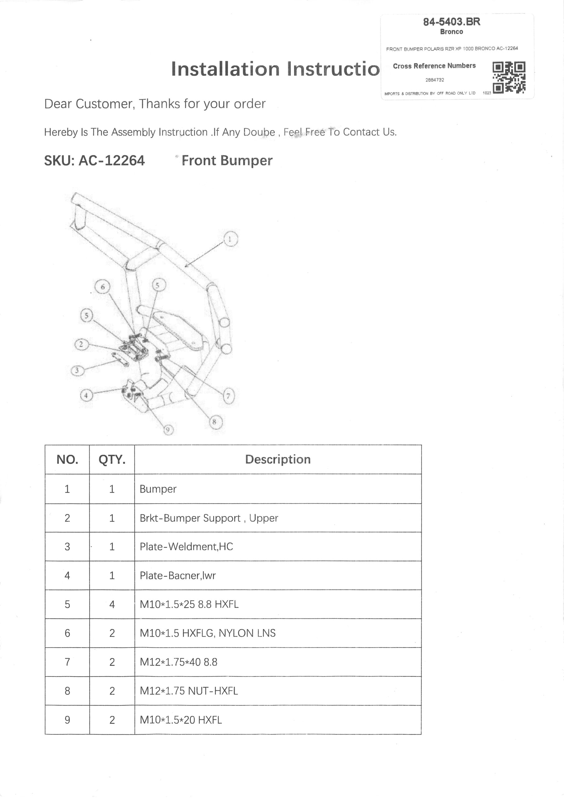 £50+ VAT CLEARANCE, FRONT BUMPER POLARIS RZR XP 1000 BRONCO AC-12264 - Image 2