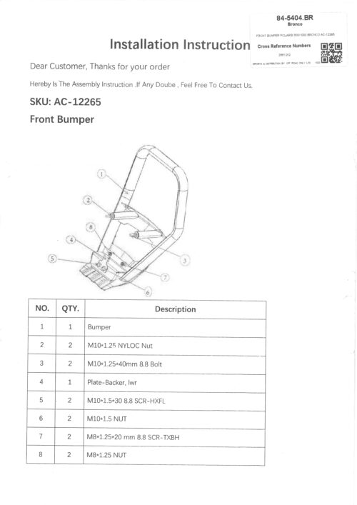 Â£25+ VAT CLEARANCE, FRONT BUMPER POLARIS 900/1000 BRONCO AC-12265