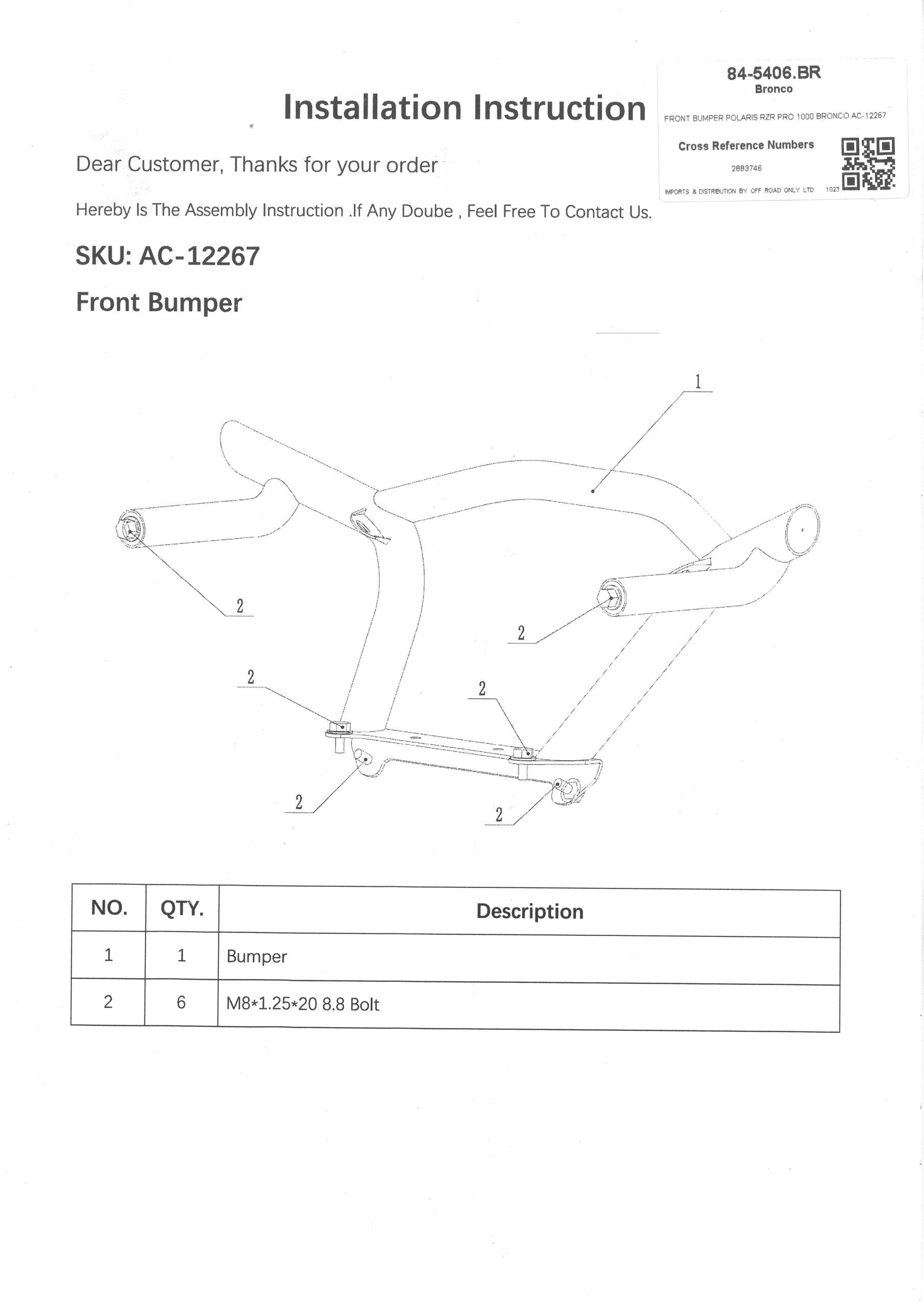 £25+ VAT CLEARANCE, FRONT BUMPER POLARIS RZR PRO 1000 BRONCO AC-12267