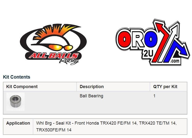 WHEEL BEARING KIT FRONT 14-22 HONDA TRX 420-520, ALLBALLS 25-1688 ATV