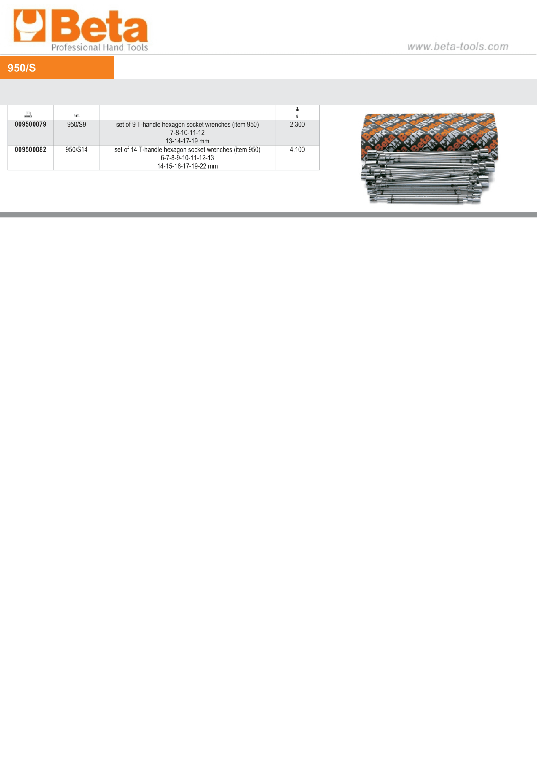 T-Handle Hexagon Socket Wrench Set 7mm - 19mm (9 Pieces) - Beta Tools 950/S9 - Image 2