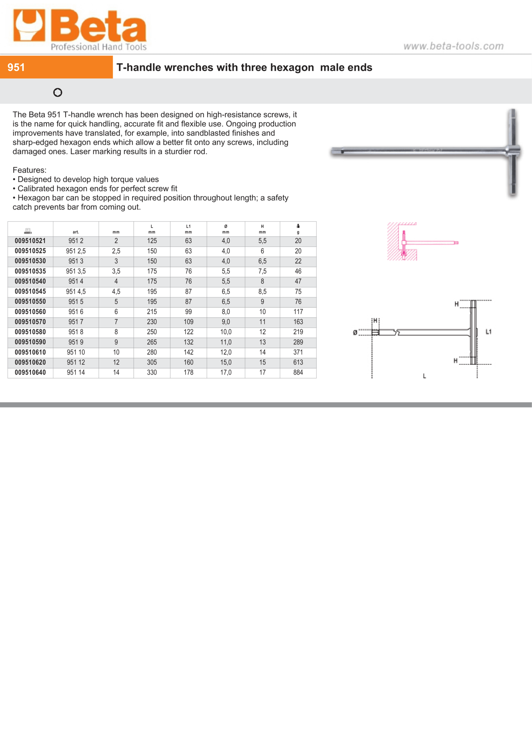 T-Handle Wrench with Three Hexagon Male Ends 3.5mm - Beta Tools 951 3,5 - Image 2