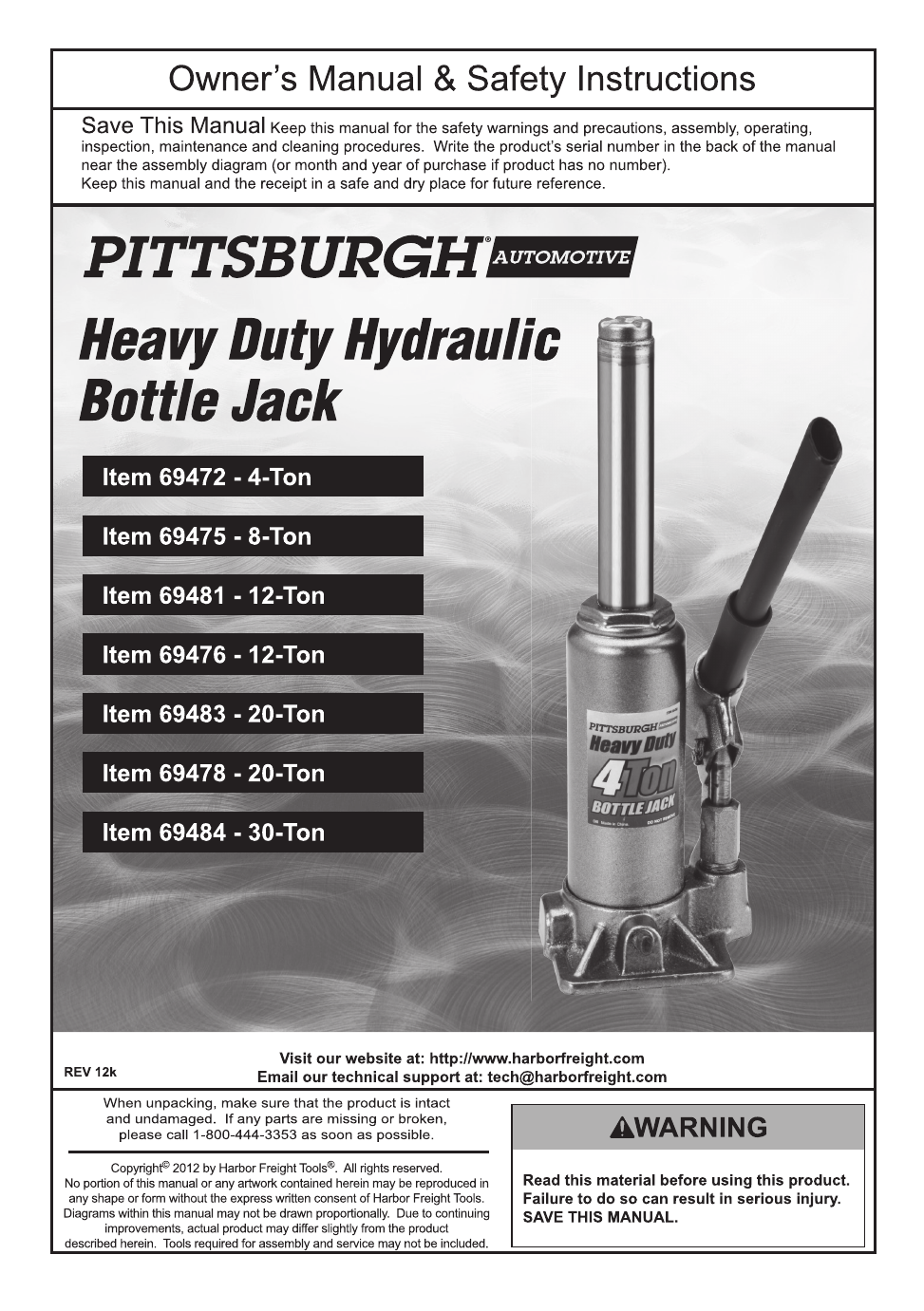 Harbor Freight Tools 12 ton Hydraulic Heavy Duty Bottle Jack Product