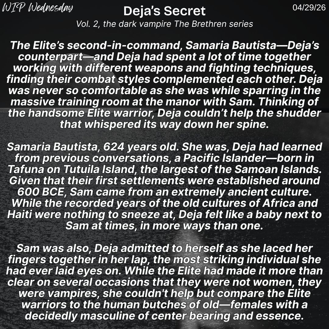 A black-and-white background with a full moon shining on shimmering water with a hooded face watermark and a snippet from Deja’s Secret for WIP Wednesday on 04/29/26.