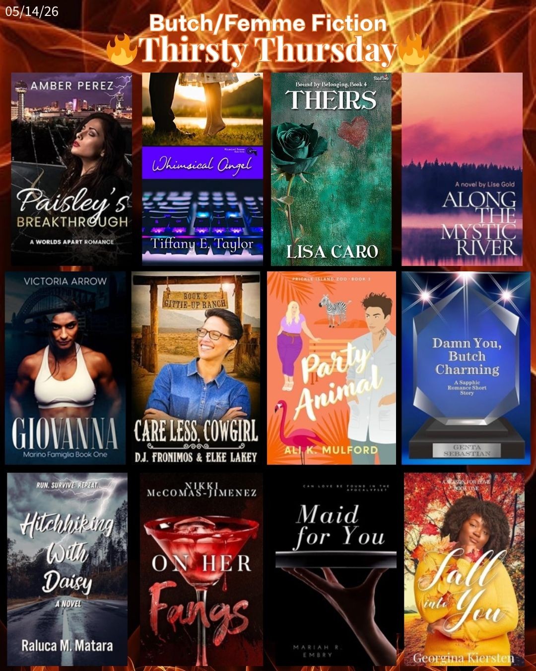 12 book covers for suggested spicy butch/femme sapphic fiction books for Thirsty Thursday on 05/14/26.
