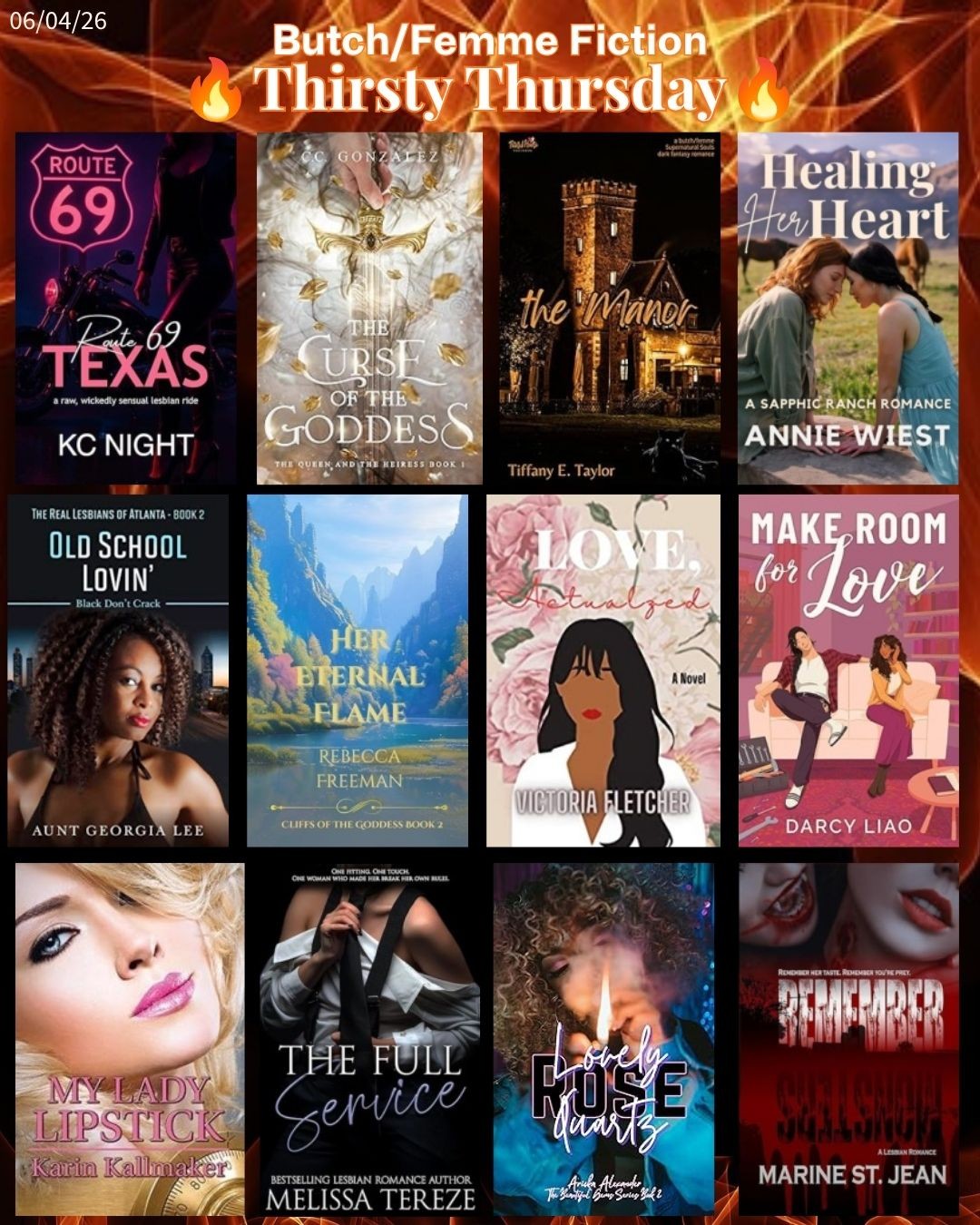12 book covers for suggested spicy butch/femme sapphic fiction books for Thirsty Thursday on 06/04/26.