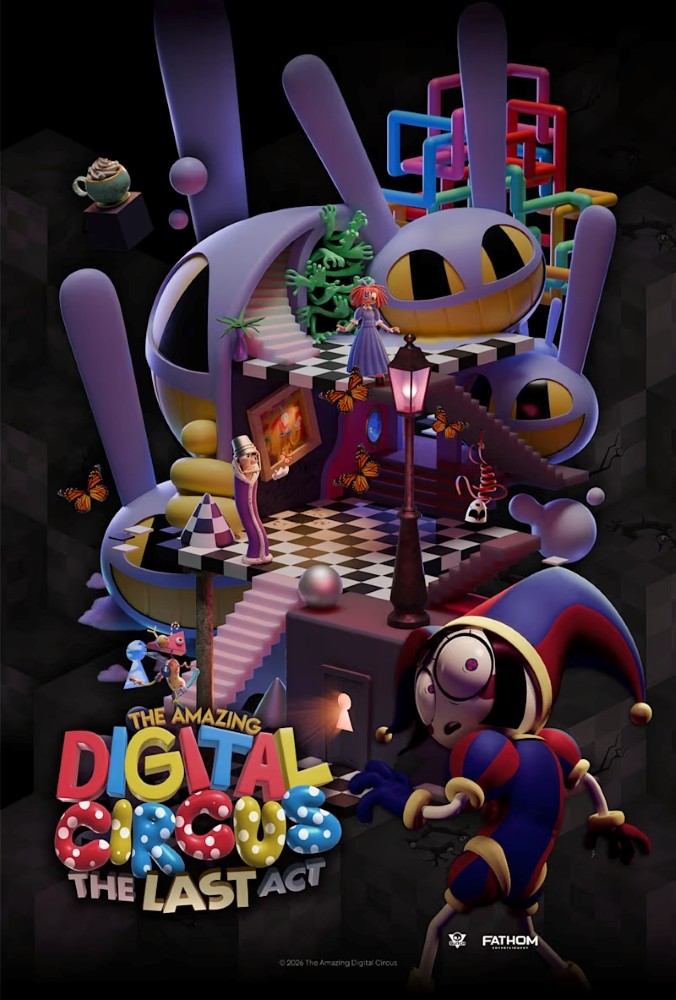The image **The-Amazing-Digital-Circus_The-Last-Act-kv.jpg** is a promotional poster for "The Amazing Digital Circus: The Last Act." It features a surreal, multi-tiered 3D environment populated by stylized characters against a dark, isometric block background.

## Key Visual Elements

* **Foreground:** A jester character (Pomni) with wide, anxious eyes and red/blue pinwheel pupils looks back fearfully. She wears a blue and red jester hat with gold bells.
* **Central Structure:** The main building is shaped like a giant lavender rabbit head (Jax) with hollow yellow eyes and long ears. Interlocking, colorful pipes snake out from behind it.
* **Middle & Upper Tiers:** The structure features black-and-white checkered floors, pink staircases, and a vintage streetlamp. On these levels, a doll character (Ragatha) stands near a balcony, a chess piece character (Kinger) looks at a painting, and a ribbon character (Gangle) hangs upside down. Tangled green hands protrude from an upper opening.
* **Atmosphere:** Several Monarch butterflies float around the scene. A glowing, keyhole-shaped door is visible near the base.

## Logos & Text

* **Title:** The bottom-left features the vibrant, polka-dotted 3D logo for **"THE AMAZING DIGITAL CIRCUS"** with the subtitle **"THE LAST ACT"** underneath.
* **Footer:** Small logos for GLITCH and Fathom Events sit at the bottom right, alongside a 2026 copyright notice.