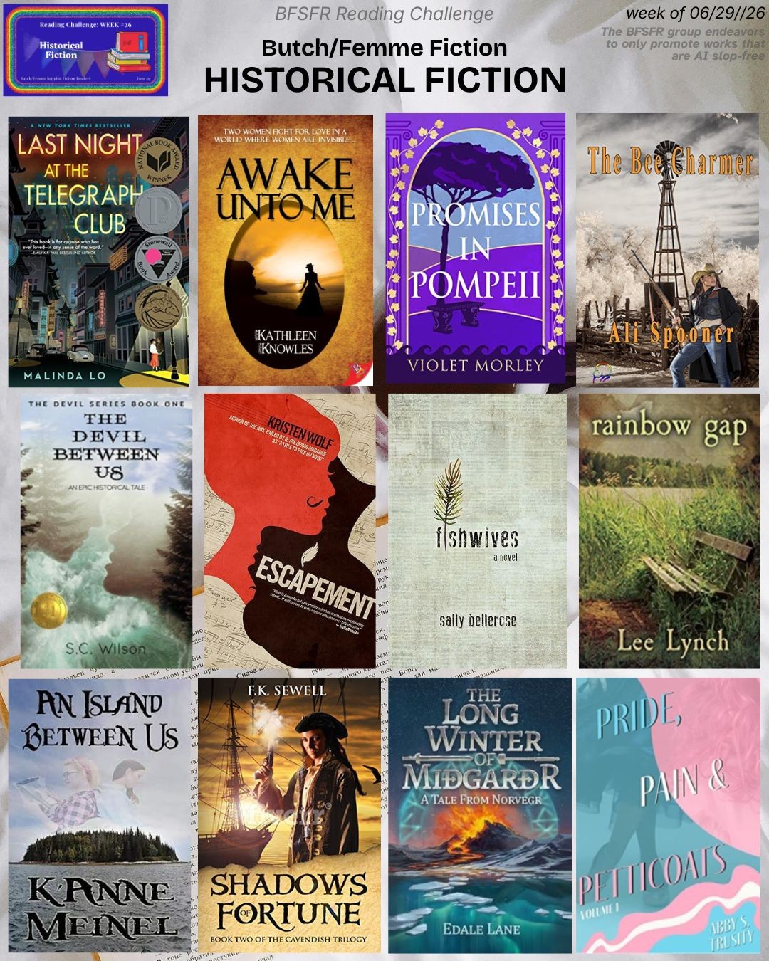 (12) book covers on the background of a bed with white bed linens, an open book, and a cup of coffee for the Butch/Femme Sapphic Fiction Readers group reading challenge category for the week of 06/29/26: Historical Fiction.