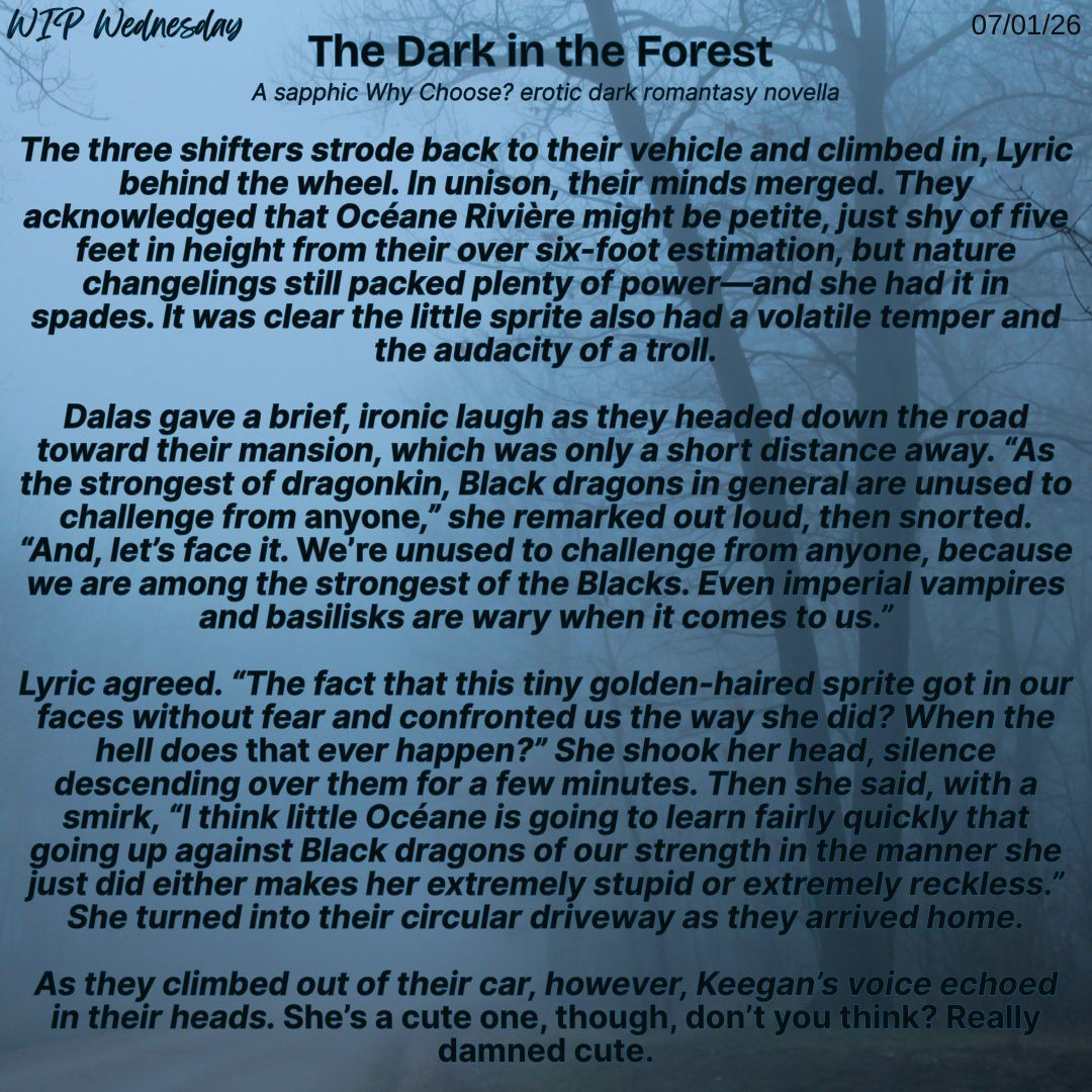 An eerie, foggy blue-green dead forest background and a snippet from The Dark in the Forest by Tiffany E. Taylor and Lisa Caro for WIP Wednesday on 07/01/26.