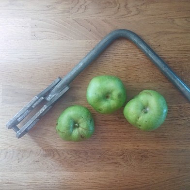Three freshly picked green apples and one steel windlass laying on an oak board.

The windlass is an L-shaped steel bar. Each leg og the L is about 30 centimeters (1 foot). On one end, the windlass has several square holes that fit onto the winding mechanism of a gate paddle. Gate paddles can be wound up or down to let water either fill or drain from their lock chamber. Locks act as stairs of water that canals use to traverse a hilly landscape while keeping the water level so it doesn't flow away. (That would be a river.)