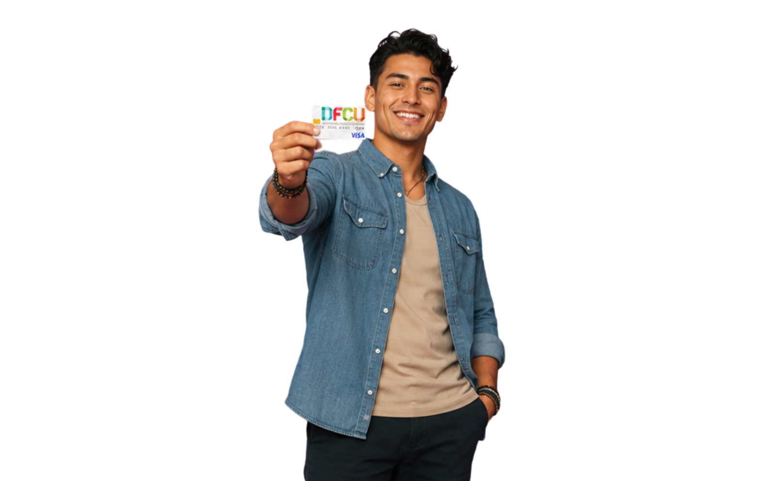 Person holding a DFCU debit card