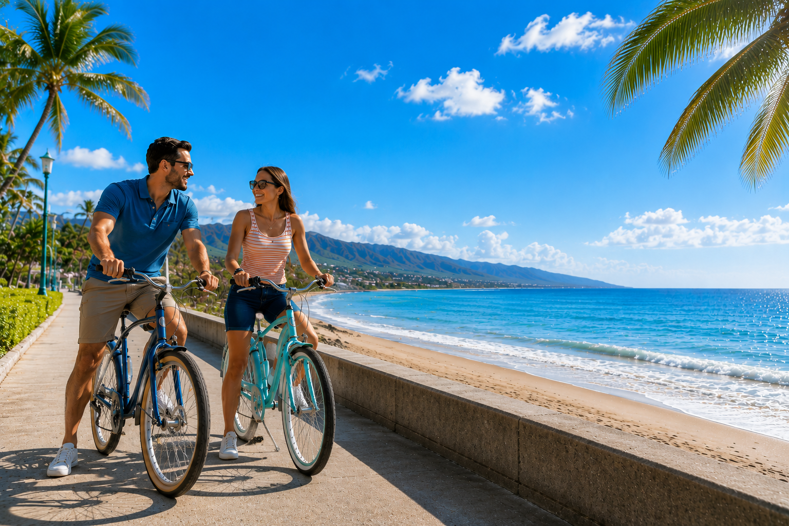 couple riding bikes on beach