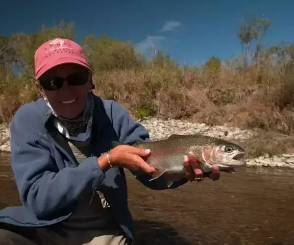 Gallatin river fly fishing lady angler and rainbow trout