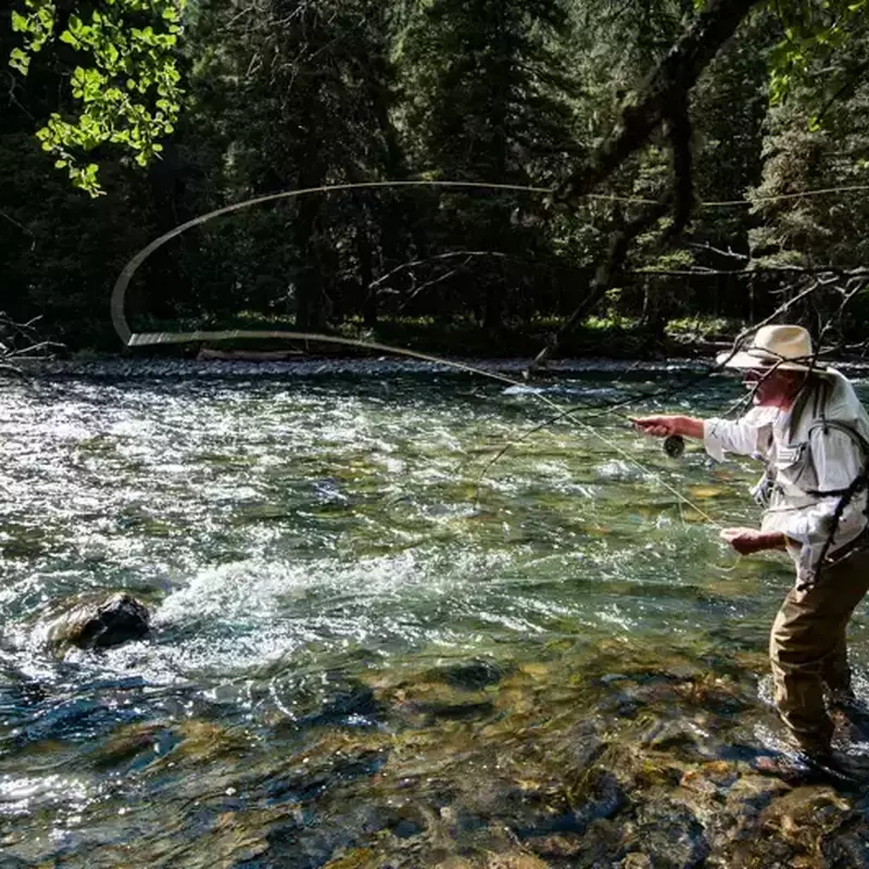 											An angler fishes the Gallatin River in the canyon on his Montana fly fishing vacation
																						