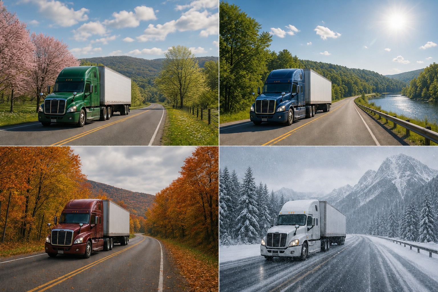 Semi-trucks driving through four seasons: spring blossoms, summer greenery, fall foliage, and winter snow on scenic highways across America.